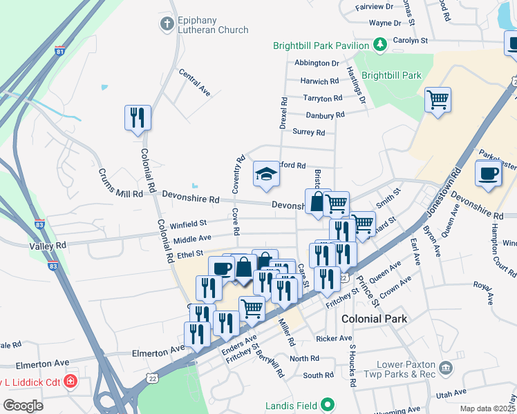 map of restaurants, bars, coffee shops, grocery stores, and more near 4509 Devonshire Road in Harrisburg