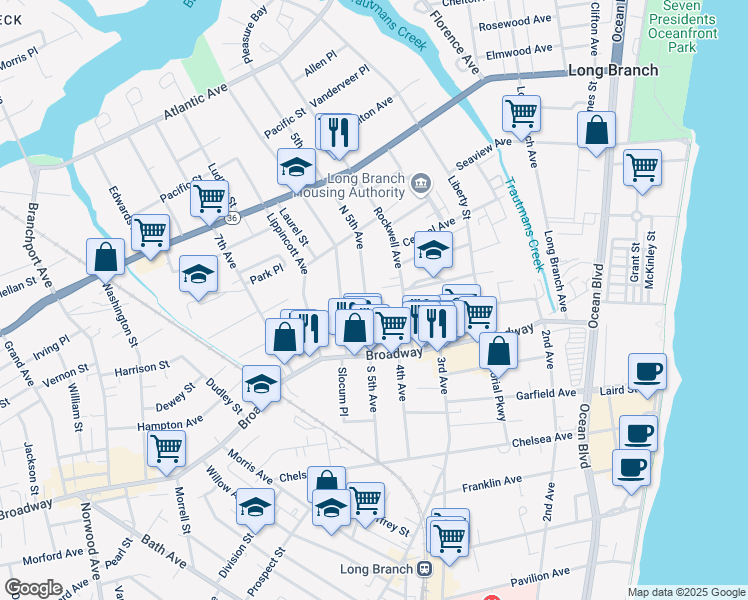 map of restaurants, bars, coffee shops, grocery stores, and more near 63 North 5th Avenue in Long Branch