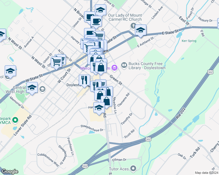 map of restaurants, bars, coffee shops, grocery stores, and more near 41 Hillside Avenue in Doylestown