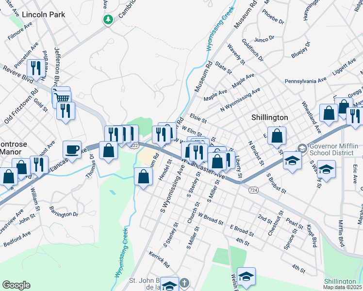 map of restaurants, bars, coffee shops, grocery stores, and more near 332 West Walnut Street in Shillington