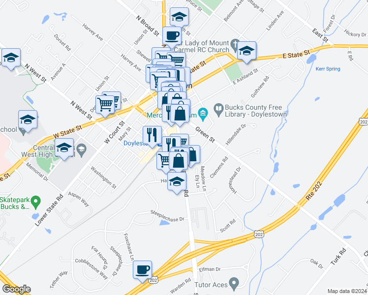 map of restaurants, bars, coffee shops, grocery stores, and more near 189 South Main Street in Doylestown