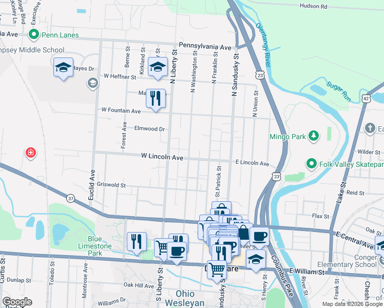 map of restaurants, bars, coffee shops, grocery stores, and more near 235 North Washington Street in Delaware