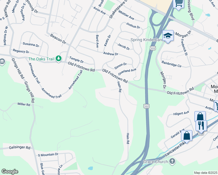 map of restaurants, bars, coffee shops, grocery stores, and more near 540 Hain Road in Sinking Spring