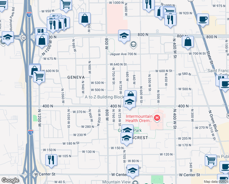 map of restaurants, bars, coffee shops, grocery stores, and more near 489 North Beverly Avenue in Orem