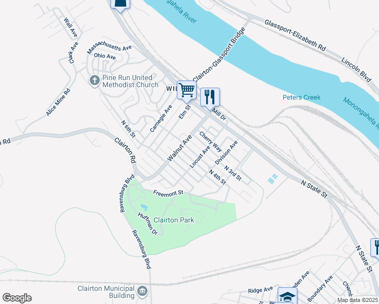 map of restaurants, bars, coffee shops, grocery stores, and more near 419 North 4th Street in Clairton