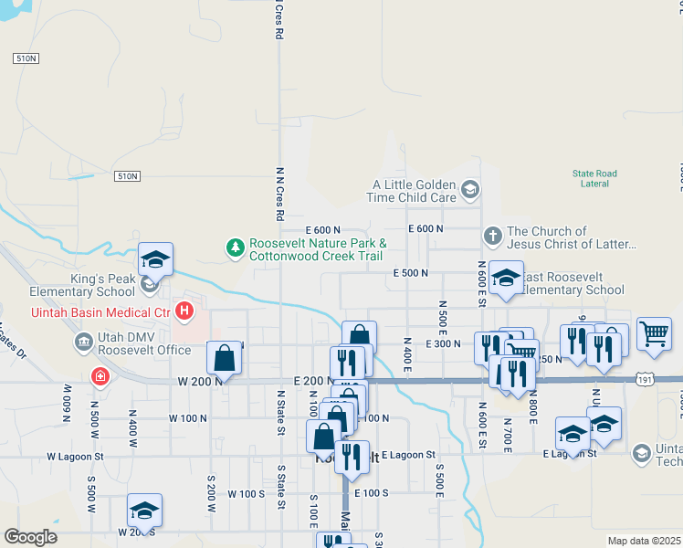 map of restaurants, bars, coffee shops, grocery stores, and more near 183 East 500 North in Roosevelt
