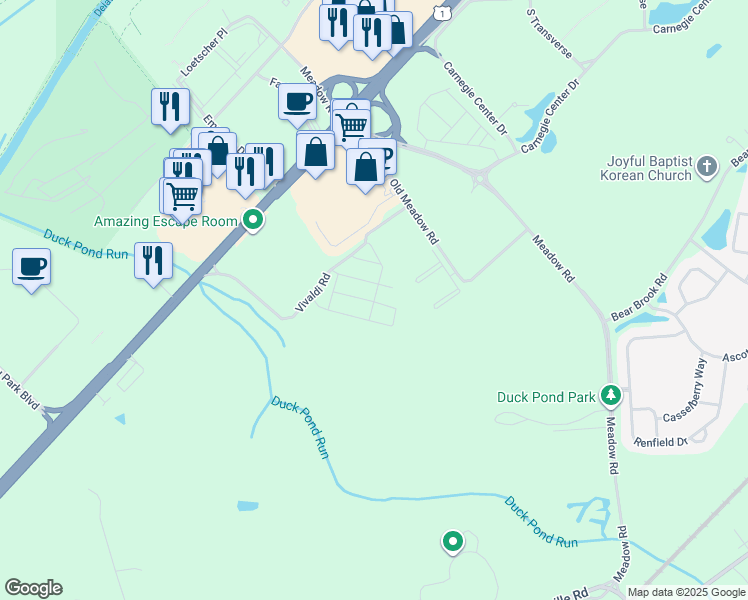 map of restaurants, bars, coffee shops, grocery stores, and more near 465 Meadow Road in Princeton