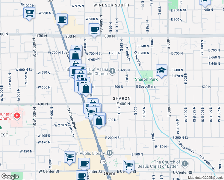 map of restaurants, bars, coffee shops, grocery stores, and more near 60 West 500 North in Orem