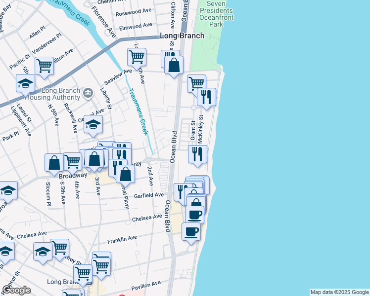 map of restaurants, bars, coffee shops, grocery stores, and more near 7 Whitman Terrace in Long Branch