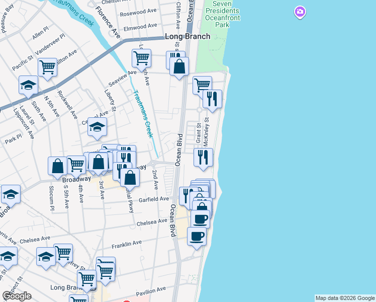 map of restaurants, bars, coffee shops, grocery stores, and more near 7 Whitman Terrace in Long Branch