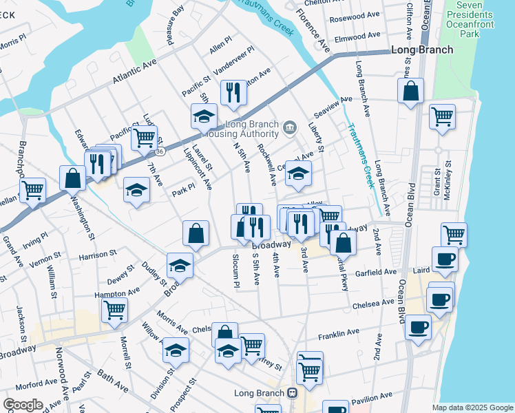 map of restaurants, bars, coffee shops, grocery stores, and more near 63 North 5th Avenue in Long Branch