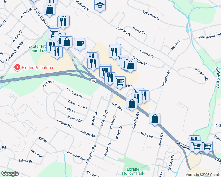 map of restaurants, bars, coffee shops, grocery stores, and more near 4665 Perkiomen Avenue in Reading