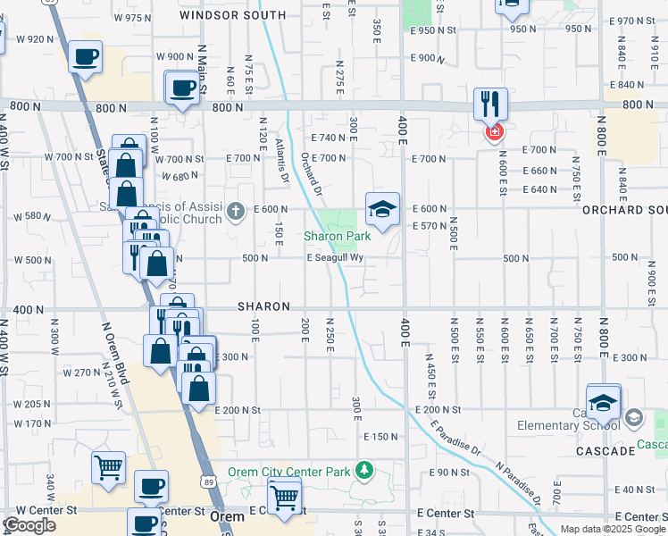 map of restaurants, bars, coffee shops, grocery stores, and more near 484 North 250 East in Orem