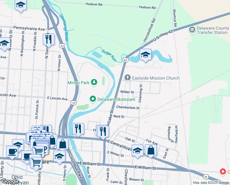 map of restaurants, bars, coffee shops, grocery stores, and more near 249 Lake Street in Delaware