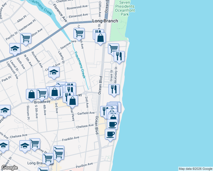 map of restaurants, bars, coffee shops, grocery stores, and more near 7 Whitman Terrace in Long Branch