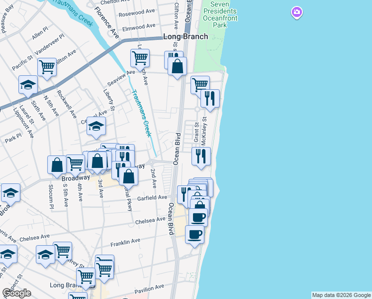 map of restaurants, bars, coffee shops, grocery stores, and more near 7 Whitman Terrace in Long Branch