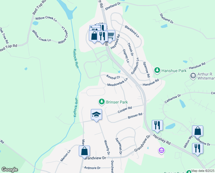 map of restaurants, bars, coffee shops, grocery stores, and more near 100 Blue Jay Way in Hummelstown