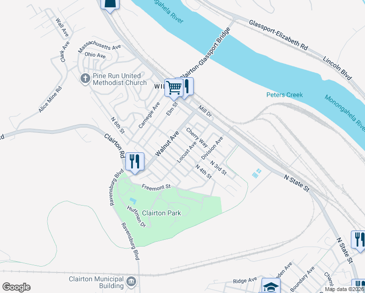 map of restaurants, bars, coffee shops, grocery stores, and more near 417 North 3rd Street in Clairton
