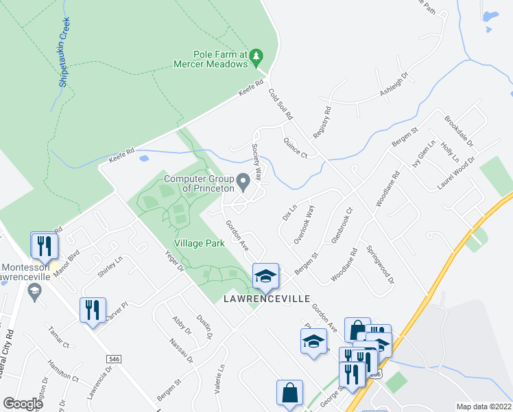 map of restaurants, bars, coffee shops, grocery stores, and more near 33 Azalea Court in Lawrence Township