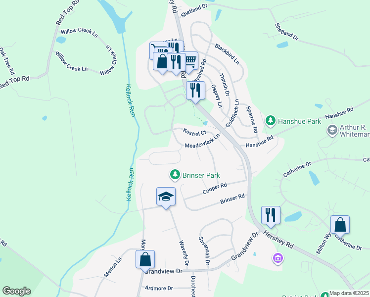 map of restaurants, bars, coffee shops, grocery stores, and more near 100 Blue Jay Way in Hummelstown