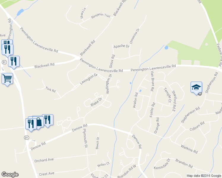 map of restaurants, bars, coffee shops, grocery stores, and more near 32 Sutton Court in Pennington