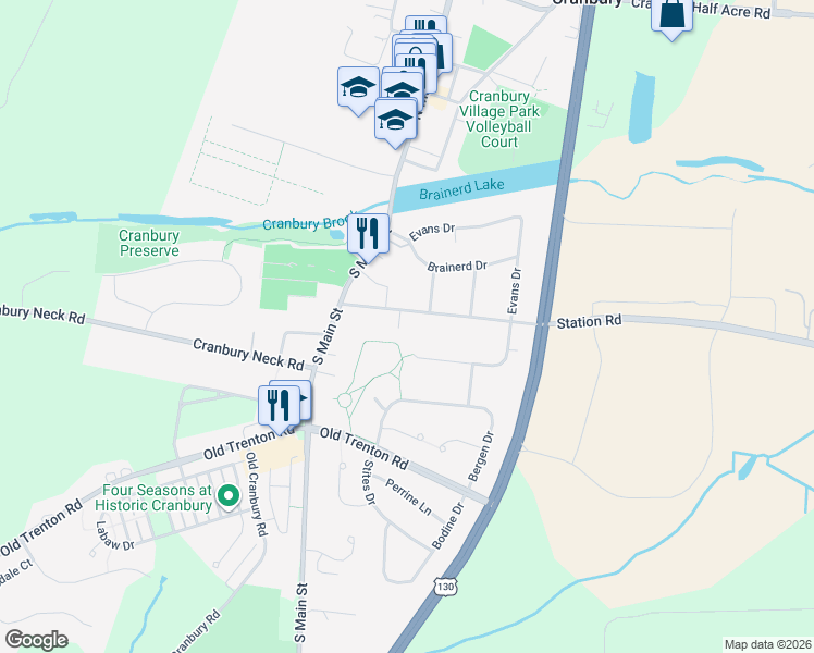 map of restaurants, bars, coffee shops, grocery stores, and more near 25 County Road 615 in Cranbury