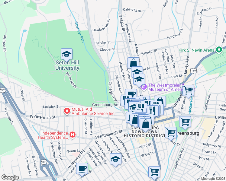 map of restaurants, bars, coffee shops, grocery stores, and more near 337 College Avenue in Greensburg