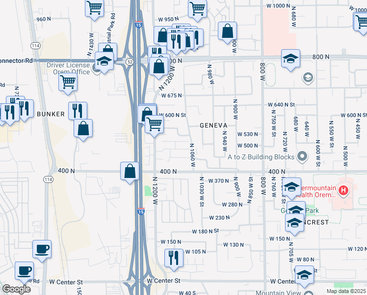 map of restaurants, bars, coffee shops, grocery stores, and more near 1077 West 500 North in Orem