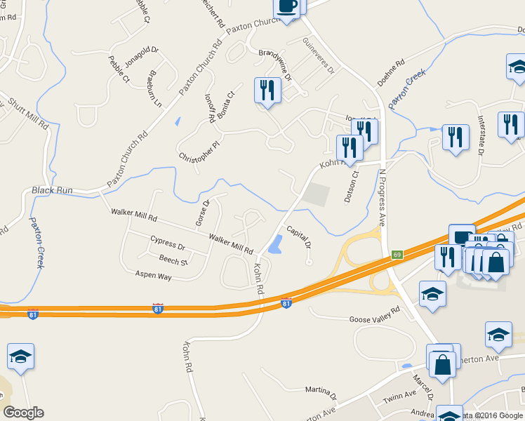 map of restaurants, bars, coffee shops, grocery stores, and more near 308 Fawn Ridge North in Harrisburg