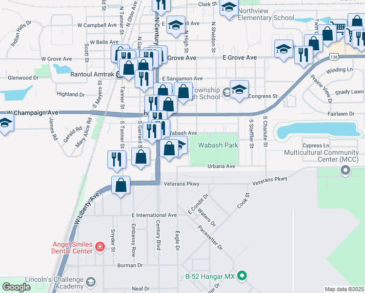 map of restaurants, bars, coffee shops, grocery stores, and more near 400 East Wabash Avenue in Rantoul