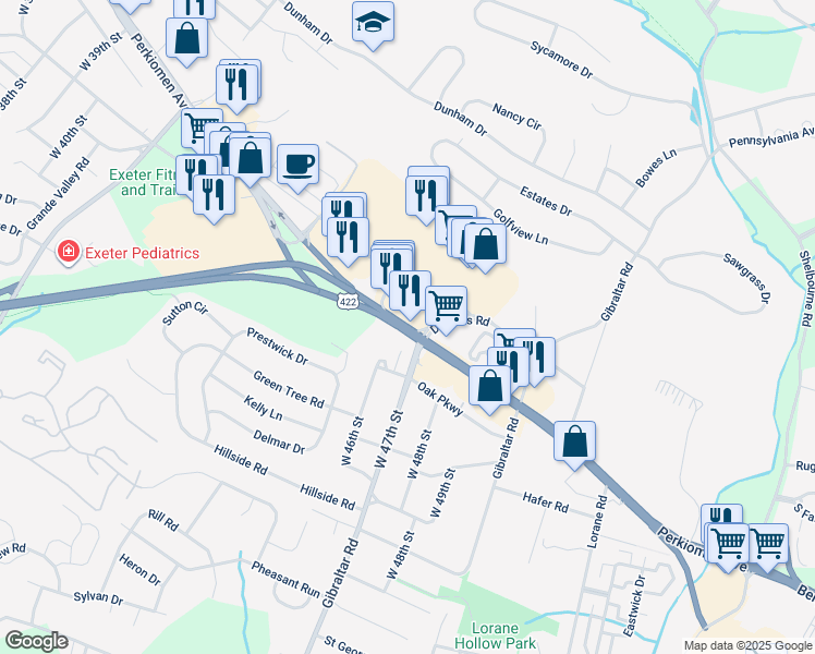 map of restaurants, bars, coffee shops, grocery stores, and more near 4665 Perkiomen Avenue in Reading