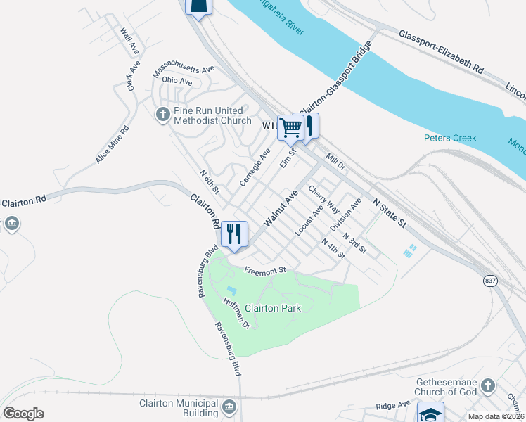 map of restaurants, bars, coffee shops, grocery stores, and more near 503 Elm Street in Clairton