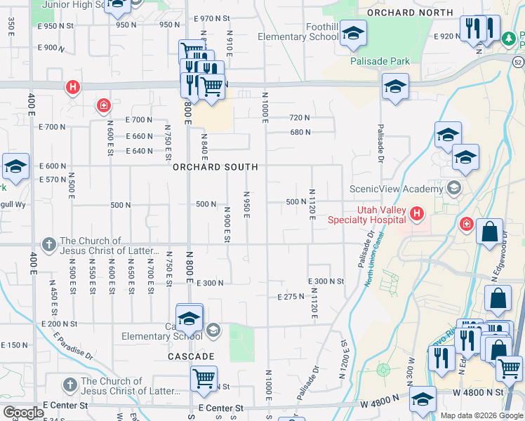 map of restaurants, bars, coffee shops, grocery stores, and more near 501 North 1000 East in Orem