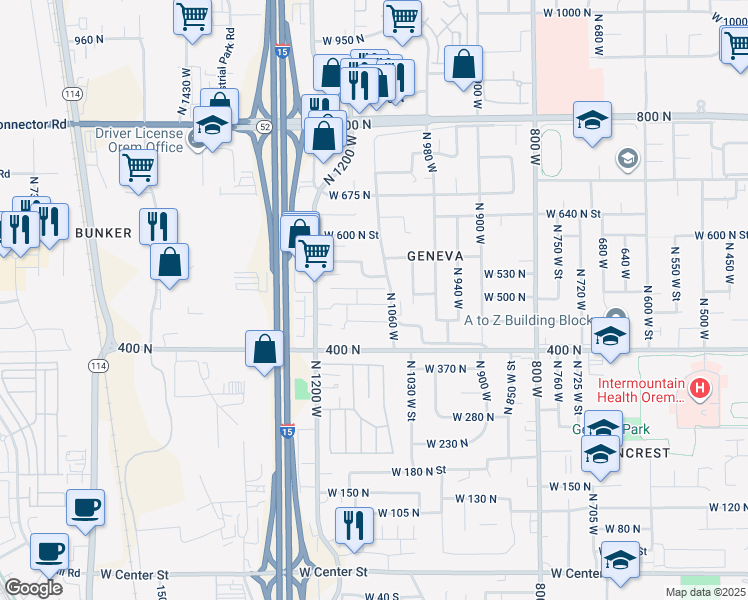 map of restaurants, bars, coffee shops, grocery stores, and more near 1077 West 500 North in Orem