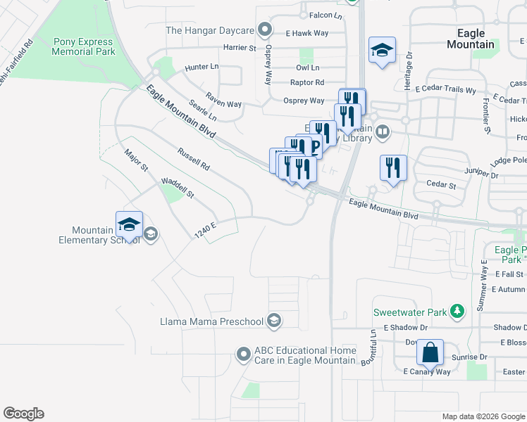 map of restaurants, bars, coffee shops, grocery stores, and more near 4074 Russell Road in Eagle Mountain