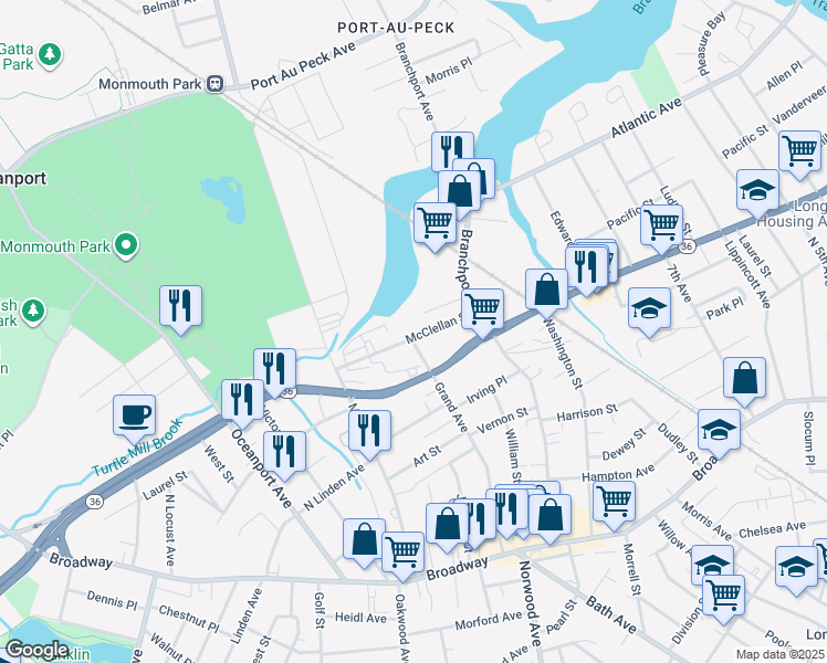 map of restaurants, bars, coffee shops, grocery stores, and more near 657 Mcclellan Street in Long Branch