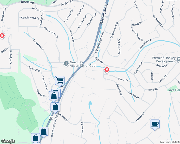 map of restaurants, bars, coffee shops, grocery stores, and more near 124 Thousand Oaks Drive in Pittsburgh