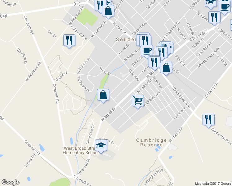 map of restaurants, bars, coffee shops, grocery stores, and more near 250 West Chestnut Street in Souderton