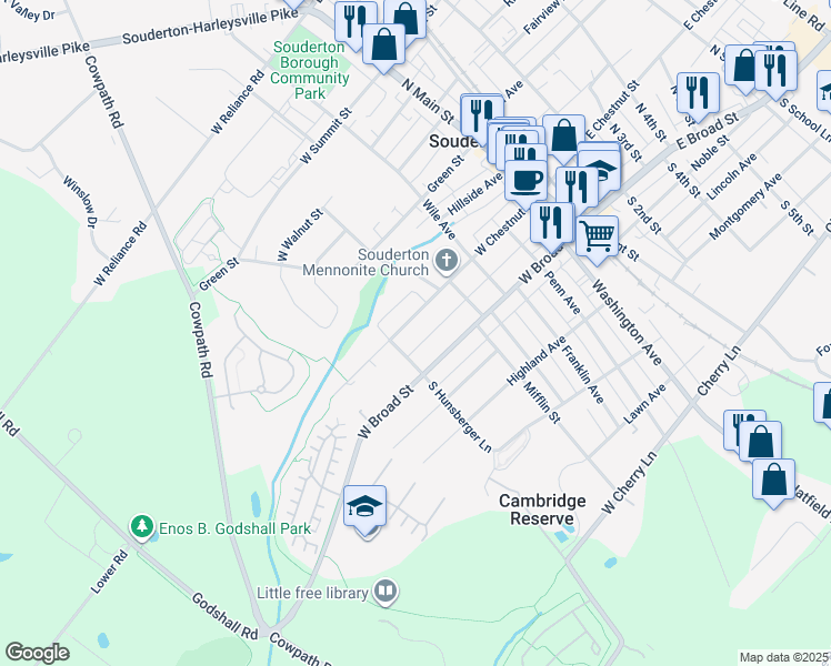 map of restaurants, bars, coffee shops, grocery stores, and more near 250 West Chestnut Street in Souderton