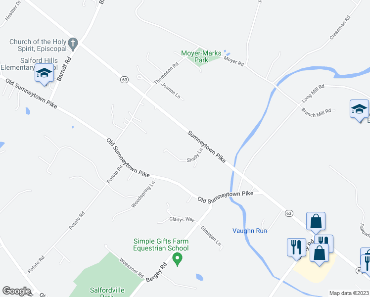 map of restaurants, bars, coffee shops, grocery stores, and more near 1080 Shady Lane in Harleysville