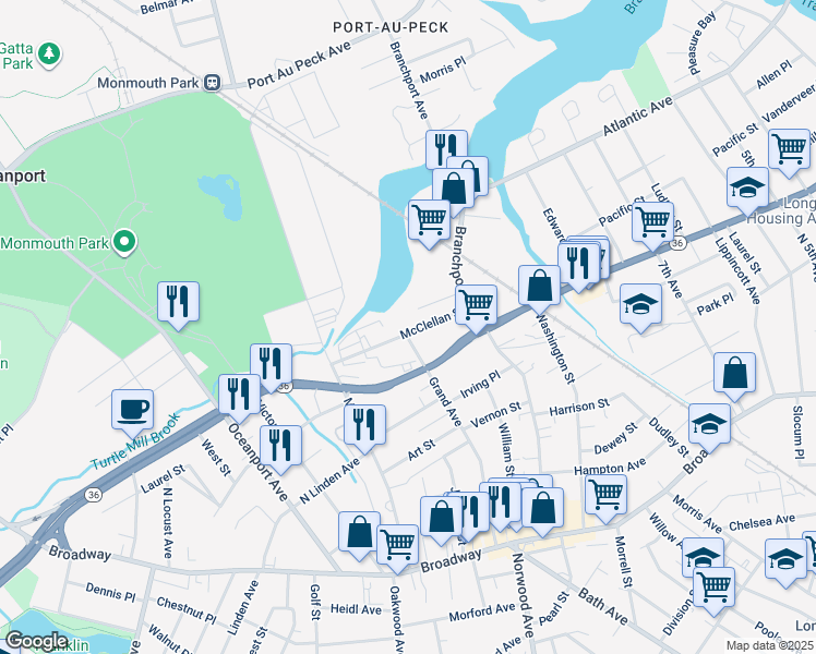 map of restaurants, bars, coffee shops, grocery stores, and more near 657 Mcclellan Street in Long Branch