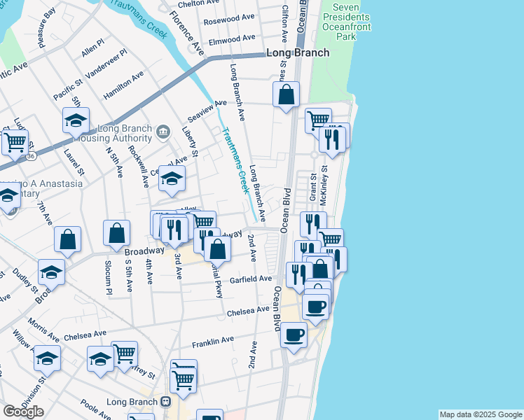 map of restaurants, bars, coffee shops, grocery stores, and more near 7 Long Branch Avenue in Long Branch