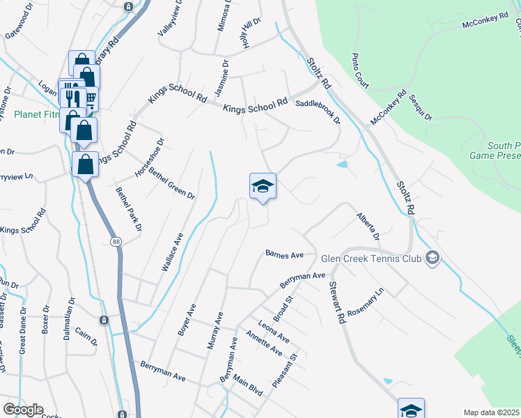 map of restaurants, bars, coffee shops, grocery stores, and more near 5800 Murray Avenue in Bethel Park