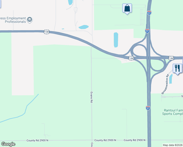 map of restaurants, bars, coffee shops, grocery stores, and more near 2974 Township Highway 174 East in Rantoul