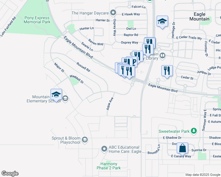 map of restaurants, bars, coffee shops, grocery stores, and more near 4056 Russell Road in Eagle Mountain