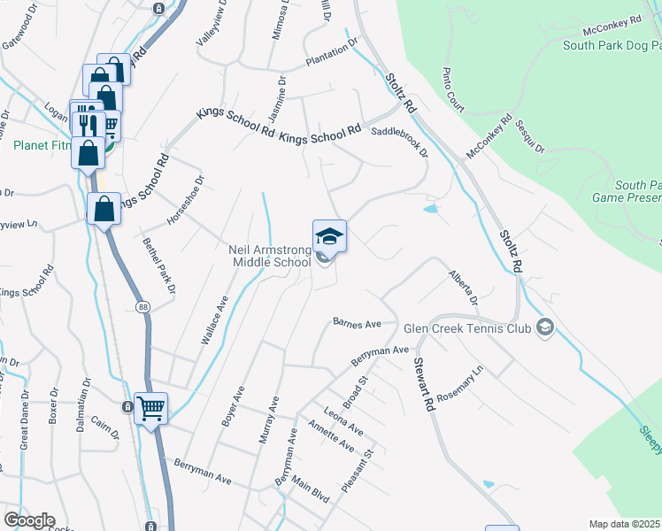 map of restaurants, bars, coffee shops, grocery stores, and more near 5800 Murray Avenue in Bethel Park