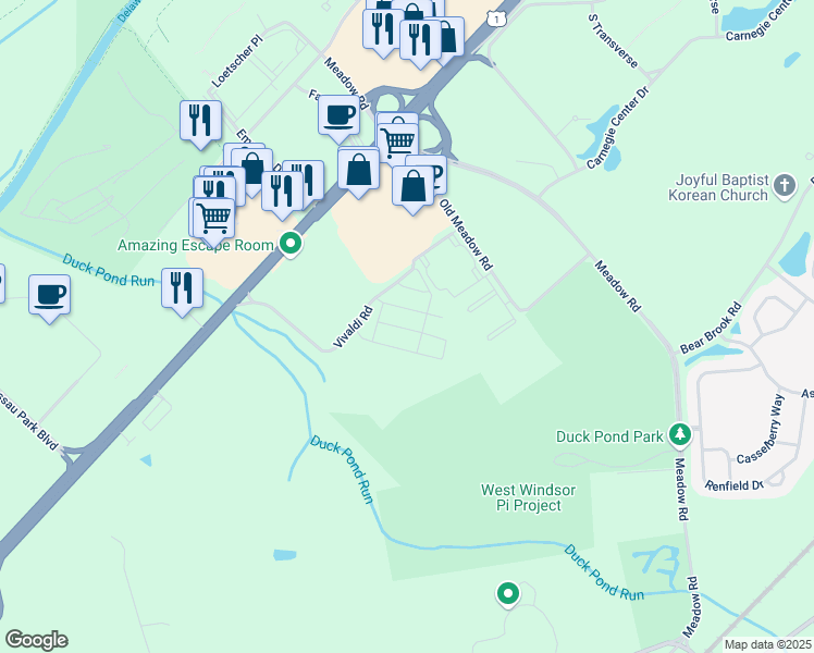 map of restaurants, bars, coffee shops, grocery stores, and more near 1131 Donatello Drive in Princeton