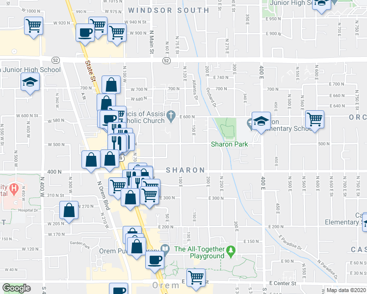 map of restaurants, bars, coffee shops, grocery stores, and more near 114 500 North in Orem