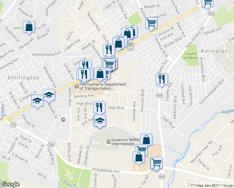 map of restaurants, bars, coffee shops, grocery stores, and more near 1605 Brooke Boulevard in Reading