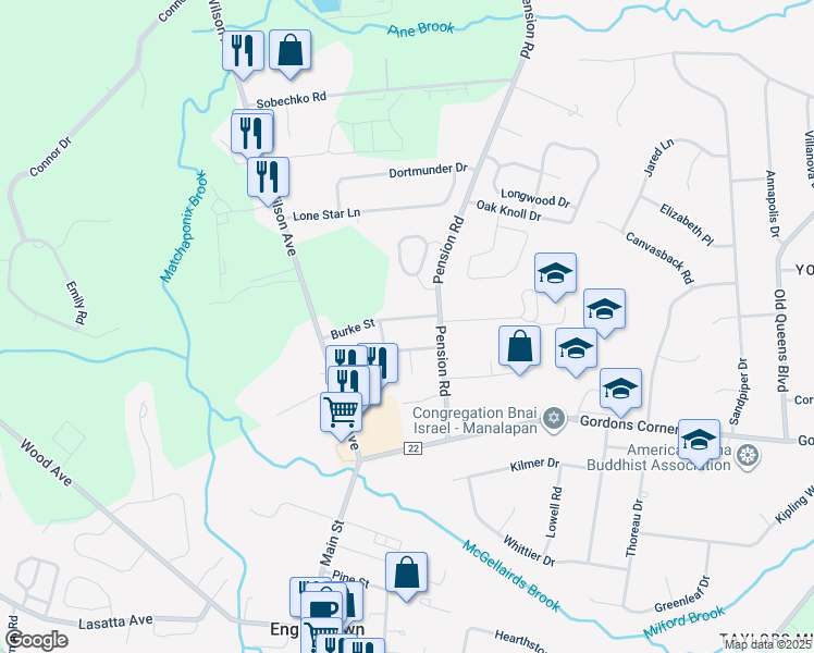 map of restaurants, bars, coffee shops, grocery stores, and more near 25 Burke Street in Manalapan Township